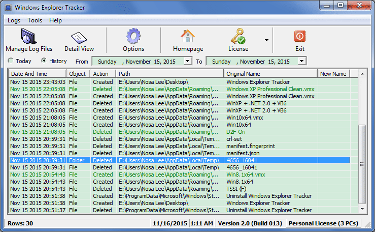 Screenshot of Windows Explorer Tracker