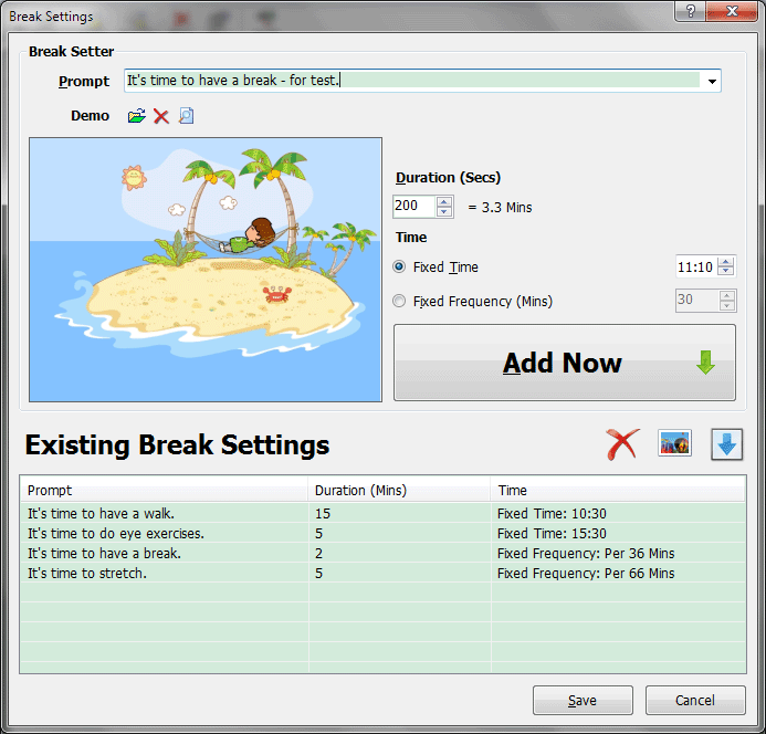 PC WorkBreak Break Settings Interface