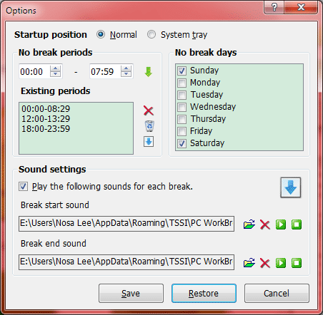 PC WorkBreak Options Interface