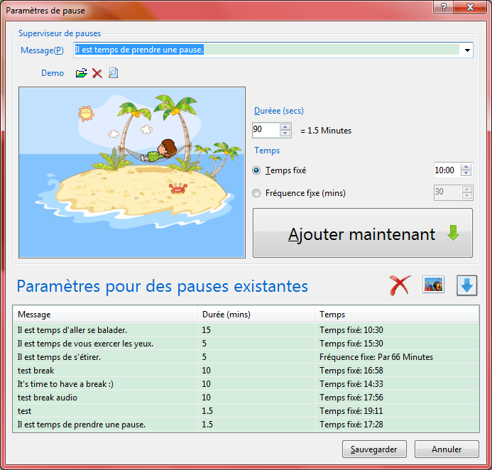 Interface Réglages de Pause Interface Réglages de Pause