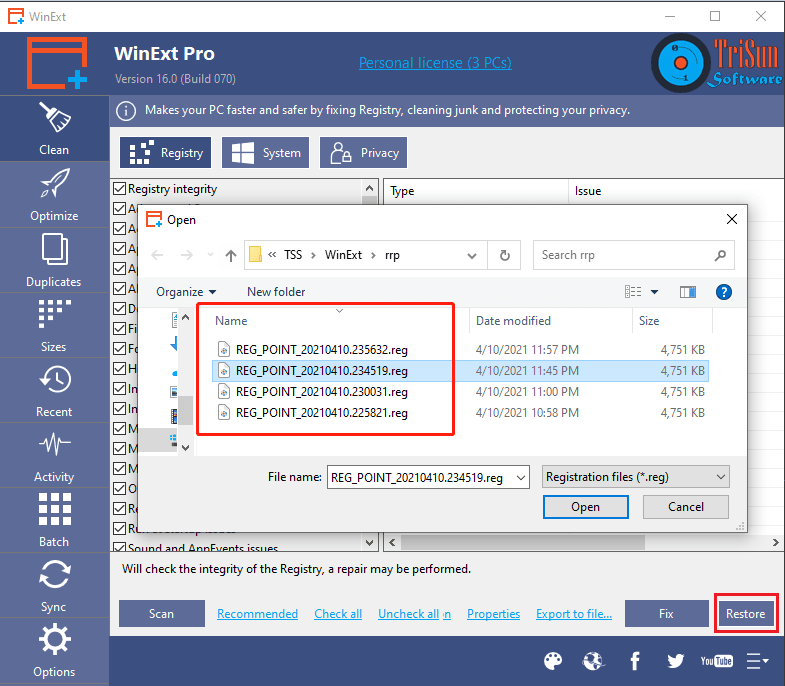 Restore Points of Registry